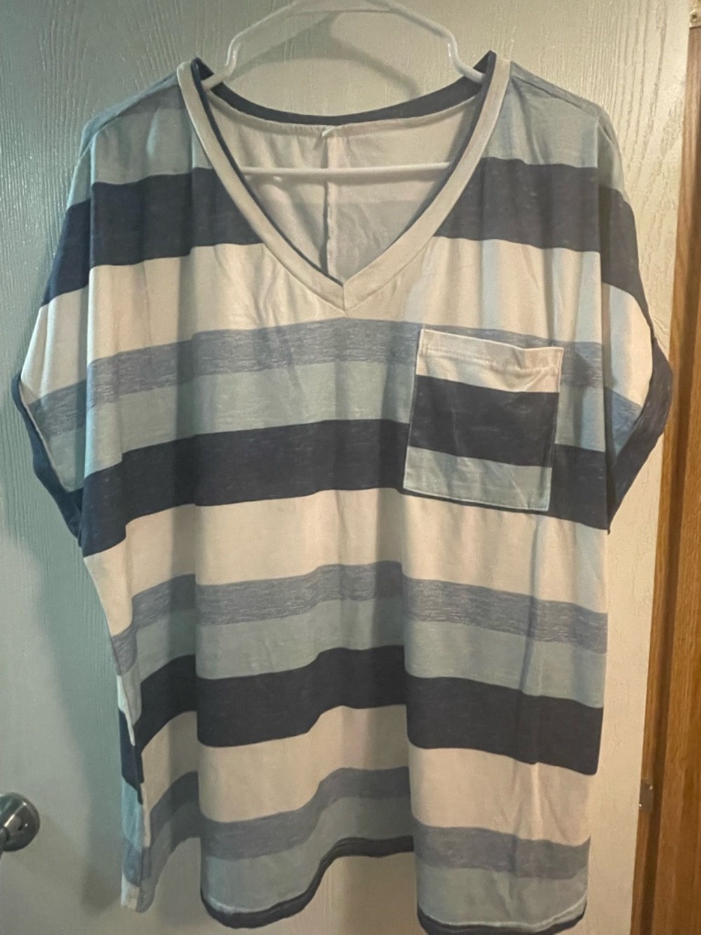 Striped V-Neck Pocket Tee - Blue & White